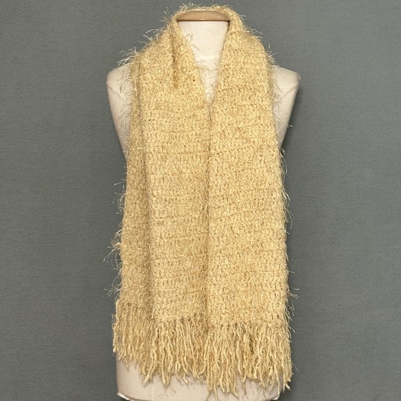 Ivory Cream Fuzzy Eyelash Textured Knit Scarf Fringe Fall Winter Warm Cozy - Picture 4 of 8